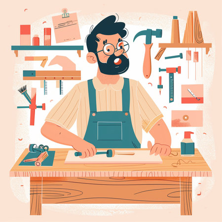 Carpenter in his workshop. Vector illustration in flat style.の素材
