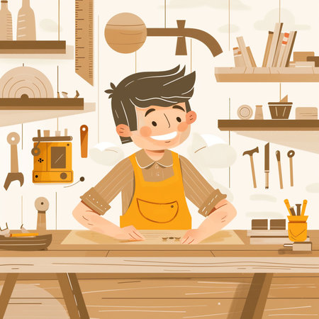 Carpenter working in his workshop. Vector illustration in cartoon styleの素材