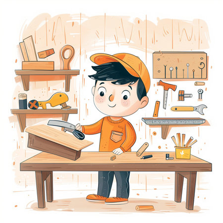 Carpenter working in his workshop. Cute cartoon vector illustration.の素材