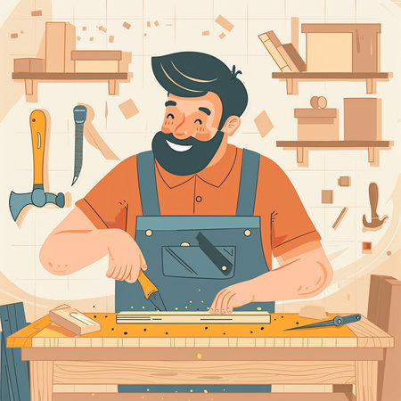 Carpenter working in his workshop. Vector illustration in cartoon style.の素材