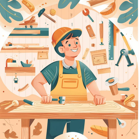 Carpenter in his carpentry workshop. Vector cartoon illustration.の素材