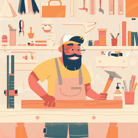Carpenter in his workshop. Vector illustration in flat style.の素材