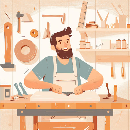 Carpenter working in his workshop. Vector illustration in cartoon styleの素材