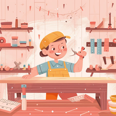 Cute little boy in a carpenter's workshop. Vector illustrationの素材