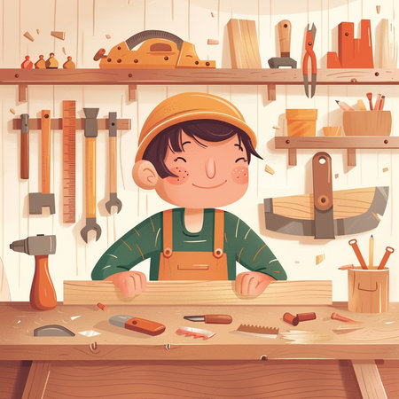 Carpenter boy working in his workshop. Vector cartoon illustration.の素材
