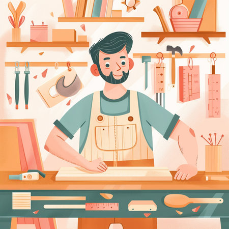Carpenter at work in his workshop. Vector cartoon illustration.の素材