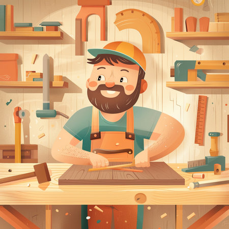 Carpenter working in his workshop. Vector illustration in cartoon style.の素材