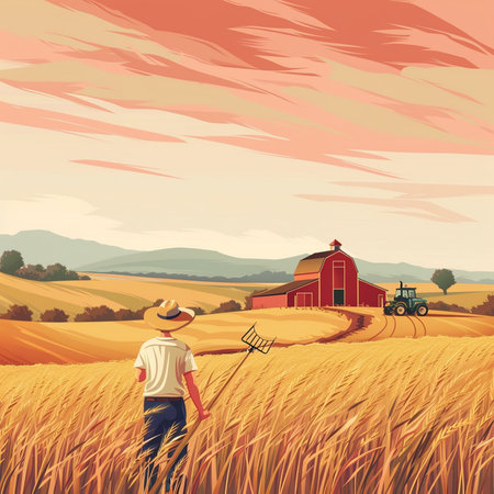 Farmer in wheat field with red barn and tractor. Vector illustrationの素材
