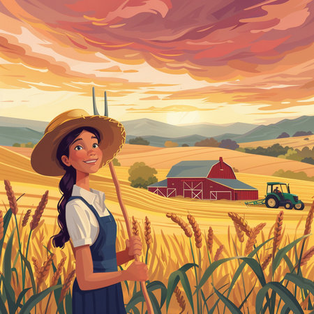 Farmer woman in wheat field vector illustration. Cartoon farmer woman on wheat field with tractor and red barn on backgroundの素材