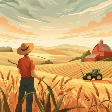 Farmer in wheat field with tractor and barn. Vector illustration.の素材