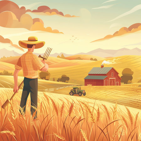 Farmer with a pitchfork in the field. Vector illustration.の素材