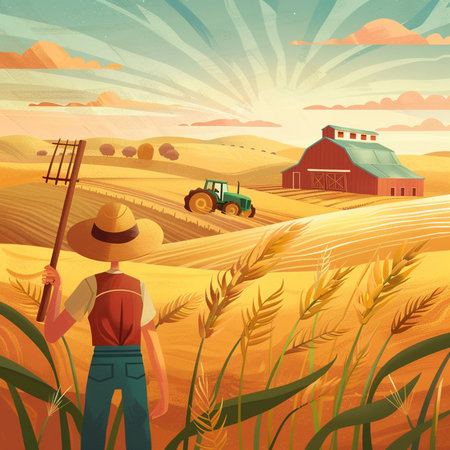 Farmer in wheat field with tractor. Rural landscape. Vector illustrationの素材