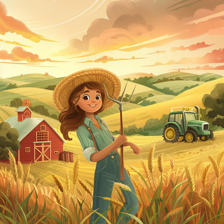 Farmer girl with pitchfork in wheat field. Vector illustration.の素材