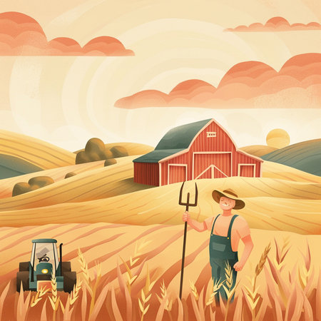 Farmer with a pitchfork in the field. Vector illustration.の素材