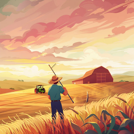 Vector illustration of a farmer working on a wheat field at sunset.の素材