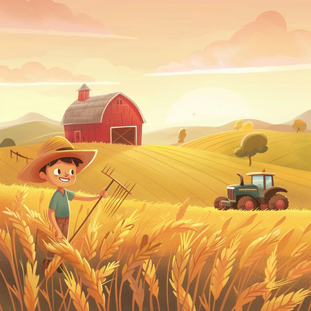 Farmer in wheat field with tractor and barn. Vector illustration.の素材