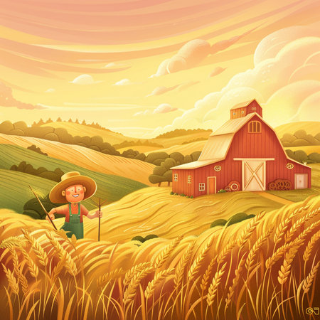 Cartoon farmer in wheat field with red barn. Vector illustration.の素材