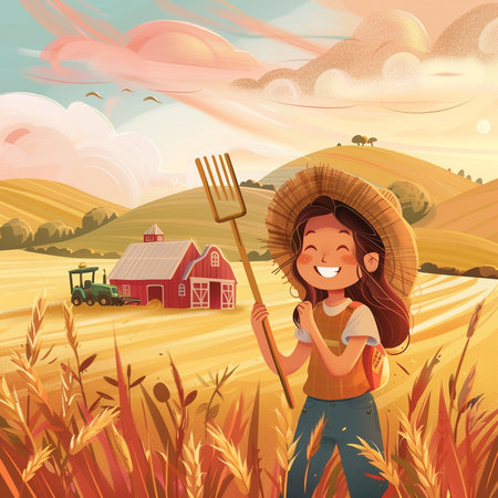Farmer girl with pitchfork in wheat field. Vector illustration.の素材