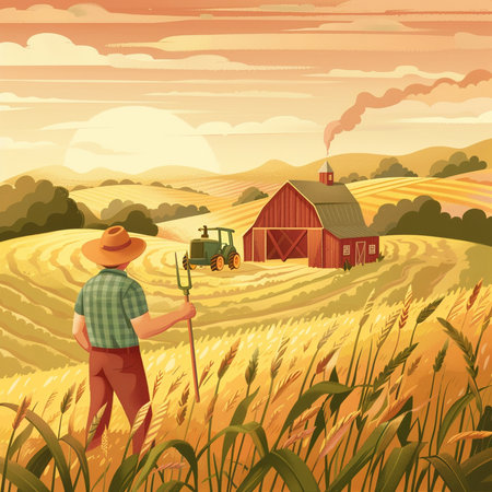 Farmer in wheat field with tractor and barn. Vector illustration.の素材