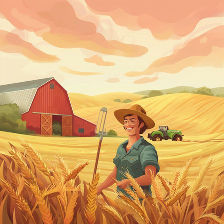 Farmer with pitchfork and tractor in wheat field. Vector illustrationの素材