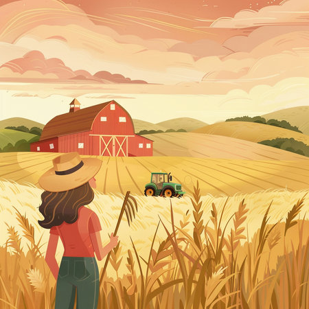Farmer in wheat field with red barn and tractor. Vector illustrationの素材