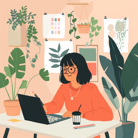 Freelance, remote work. Freelance woman working at home. Vector illustrationの素材