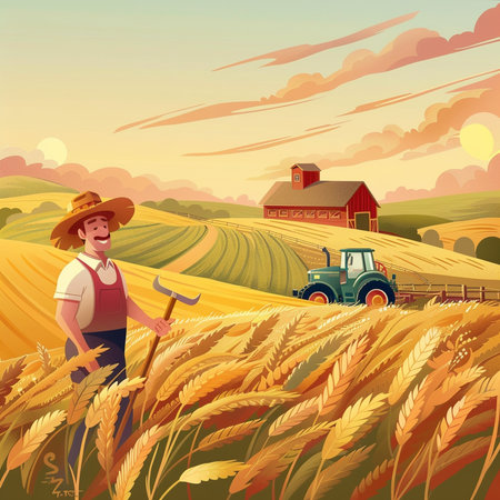 Farmer in wheat field with tractor on background. Vector illustration.の素材