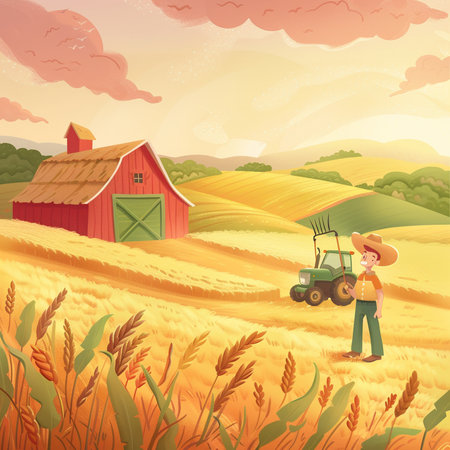 Farmer in wheat field with tractor and red barn. Vector illustrationの素材