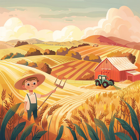 Cartoon farmer working on wheat field with tractor. Vector illustration.の素材