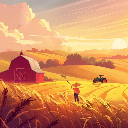 Agriculture background with farmer and tractor on wheat field. Vector illustrationの素材