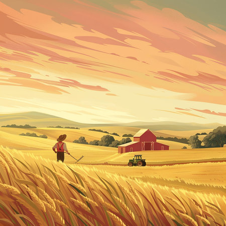 Farmer with tractor in wheat field at sunset, vector illustration.の素材