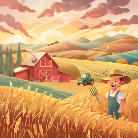 Farmer in wheat field with tractor and barn. Vector illustration.の素材