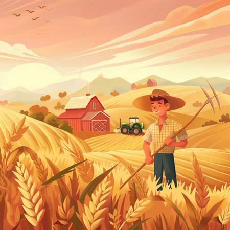Farmer with pitchfork in wheat field. Rural landscape vector illustration.の素材
