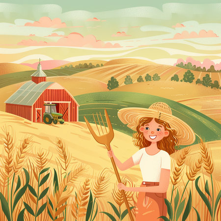 Farmer girl with pitchfork in wheat field. Vector illustration.の素材