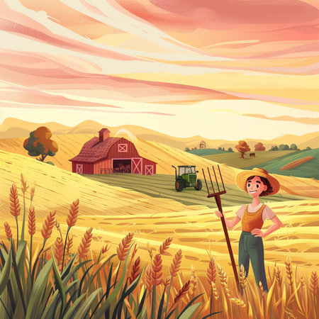 Farmer woman with pitchfork in wheat field. Vector illustration.の素材