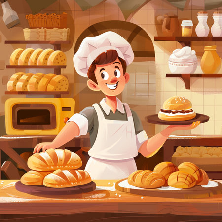 Baker in bakery. Cartoon vector illustration of baker with fresh bread.の素材