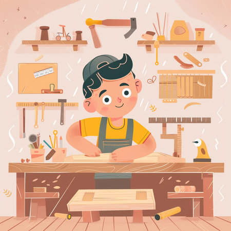 Carpenter working in his workshop. Vector illustration in cartoon style.の素材