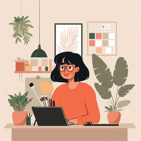 Freelance woman working at home. Freelance concept. Vector illustrationの素材