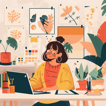 Freelance woman working at home. Freelance vector illustration.の素材
