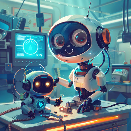 Robot in the laboratory. 3D illustrations. Retro styles.の素材