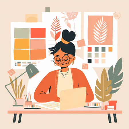 Illustration of a young woman working at home. Vector illustration.の素材