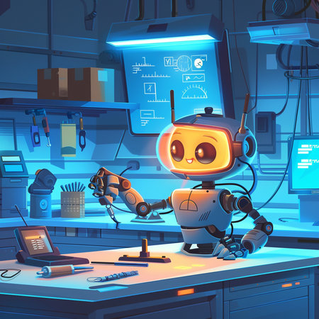 Robot working in the laboratory. Vector illustration in cartoon style.の素材
