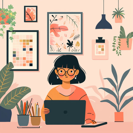Woman working on laptop at home. Freelance, remote work. Vector illustration in flat styleの素材