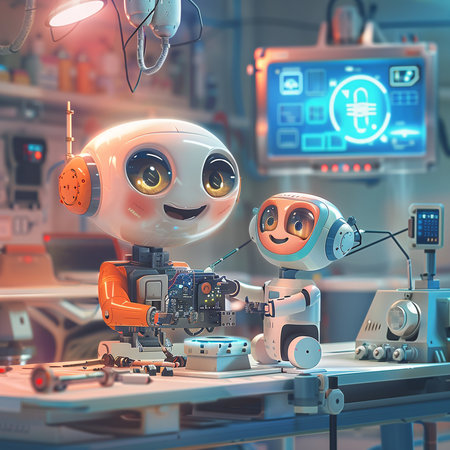 Robot and human robots in a laboratory. 3d rendering.の素材