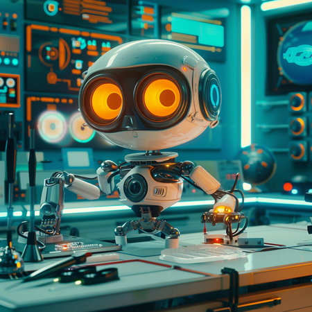 3D rendering of a robot in a futuristic space station. Futuristic technology concept.の素材