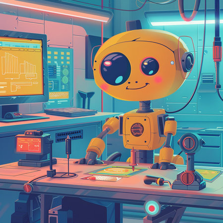 Robot working in the office. Cartoon style. Vector illustration.の素材
