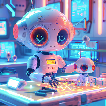 3D rendering of a cute robot in a futuristic space station.の素材