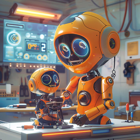 3D rendering of a robot working in a laboratory at night.の素材