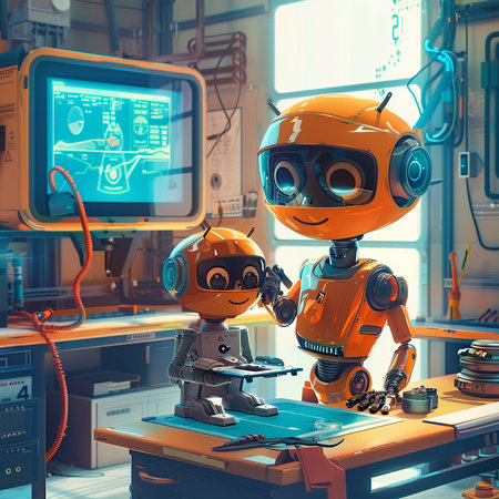 3D rendering of a robot working in a factory. Technology concept.の素材