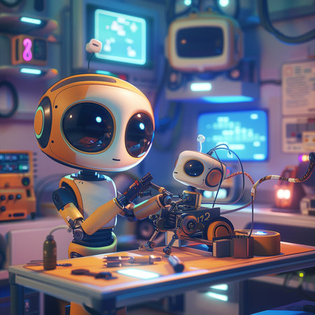 3d rendering of a robot in a science fiction space station.の素材